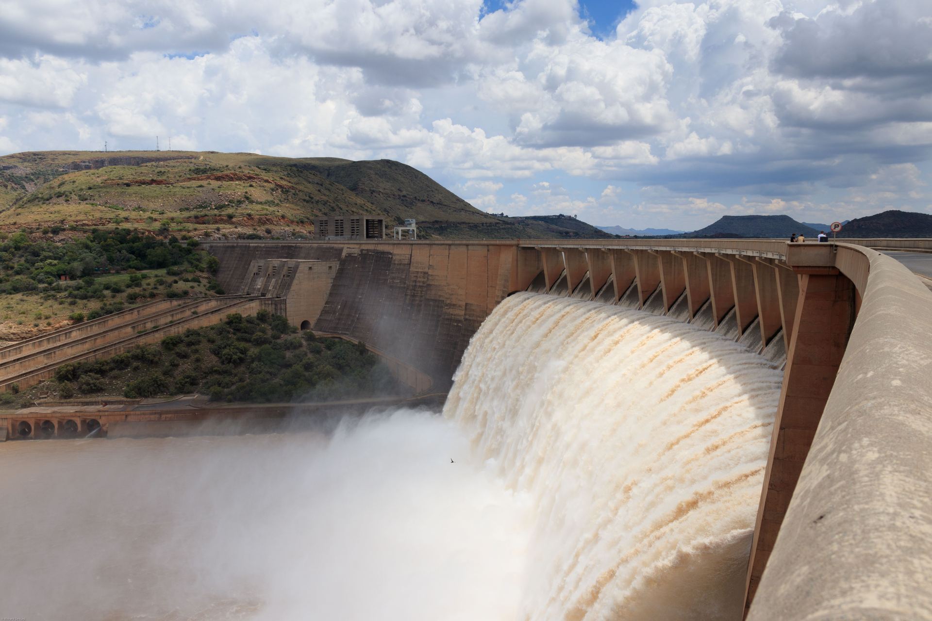 Floodgates releasing water at a large hydroelectric dam